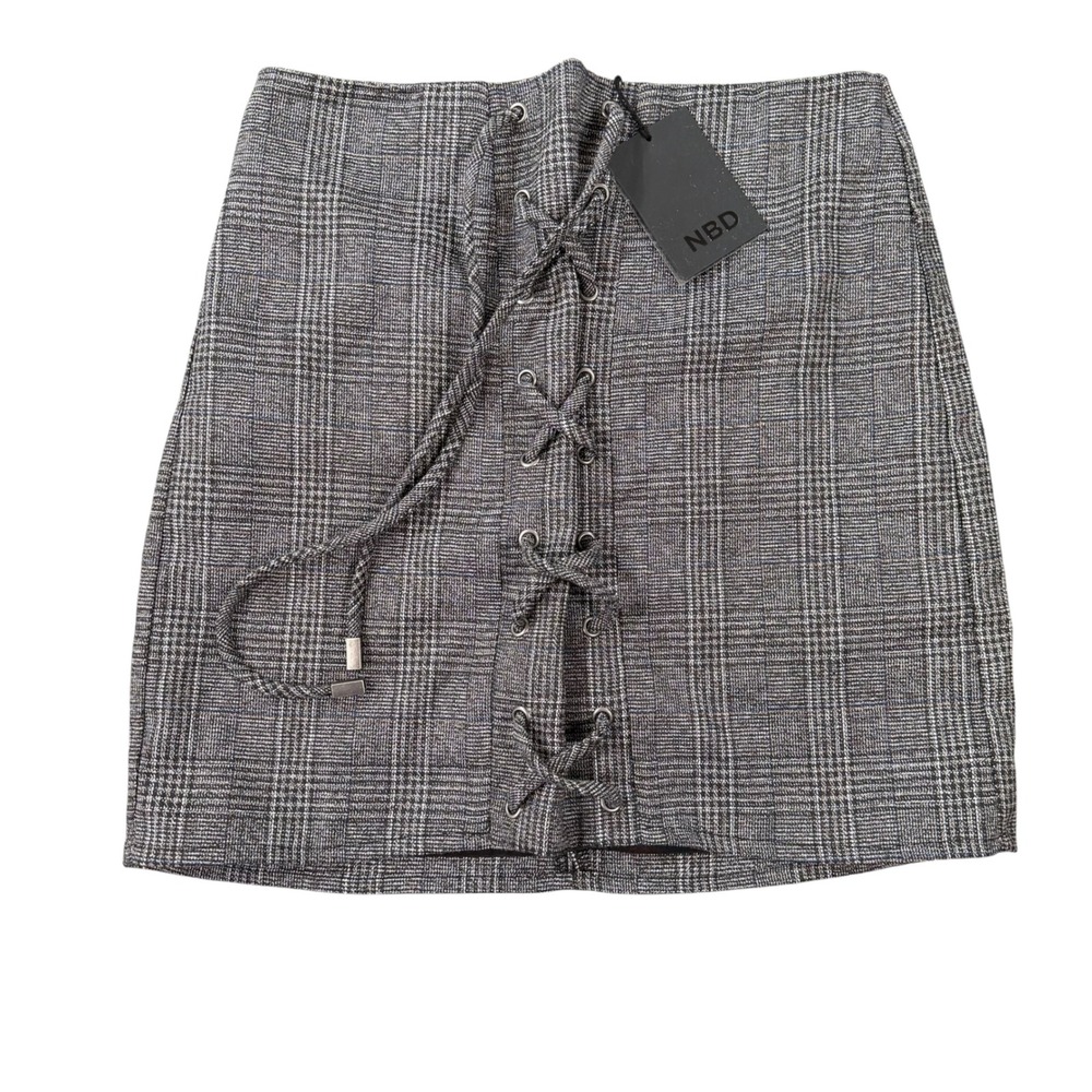 NBD Womens Lace Up Plaid Grey Mini Skirt Size S